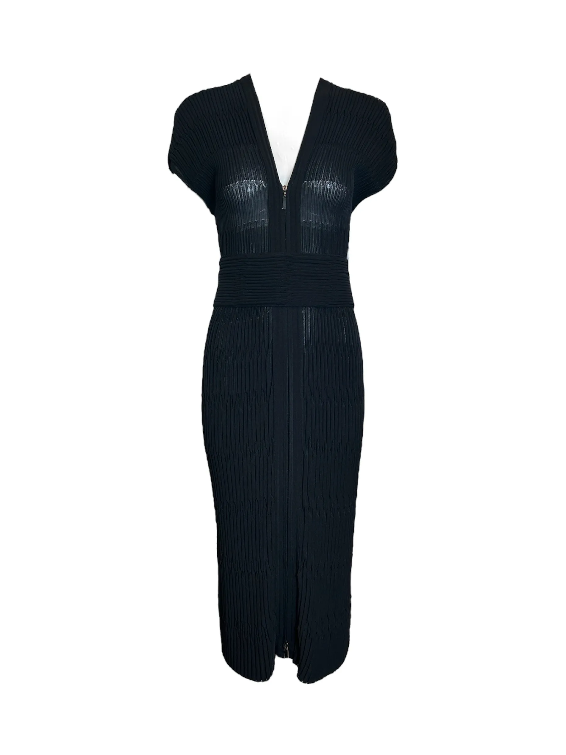 CHANEL Black Pleated Bodycon Full Length Dress   Belt