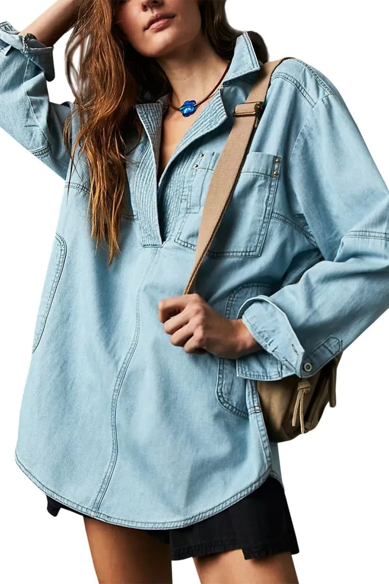 Chouyatou Women's Distressed V Neck Denim Jackets Boyfriend Loose Fit Bussiness Casual Jean Pullover Tops