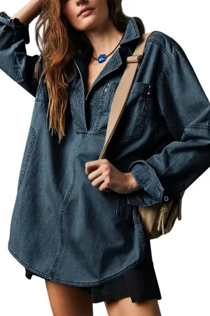 Chouyatou Women's Distressed V Neck Denim Jackets Boyfriend Loose Fit Bussiness Casual Jean Pullover Tops