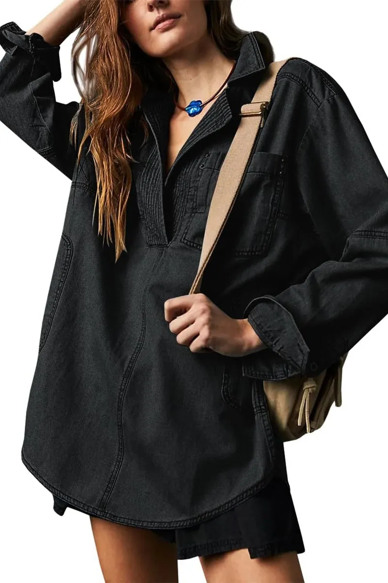 Chouyatou Women's Distressed V Neck Denim Jackets Boyfriend Loose Fit Bussiness Casual Jean Pullover Tops