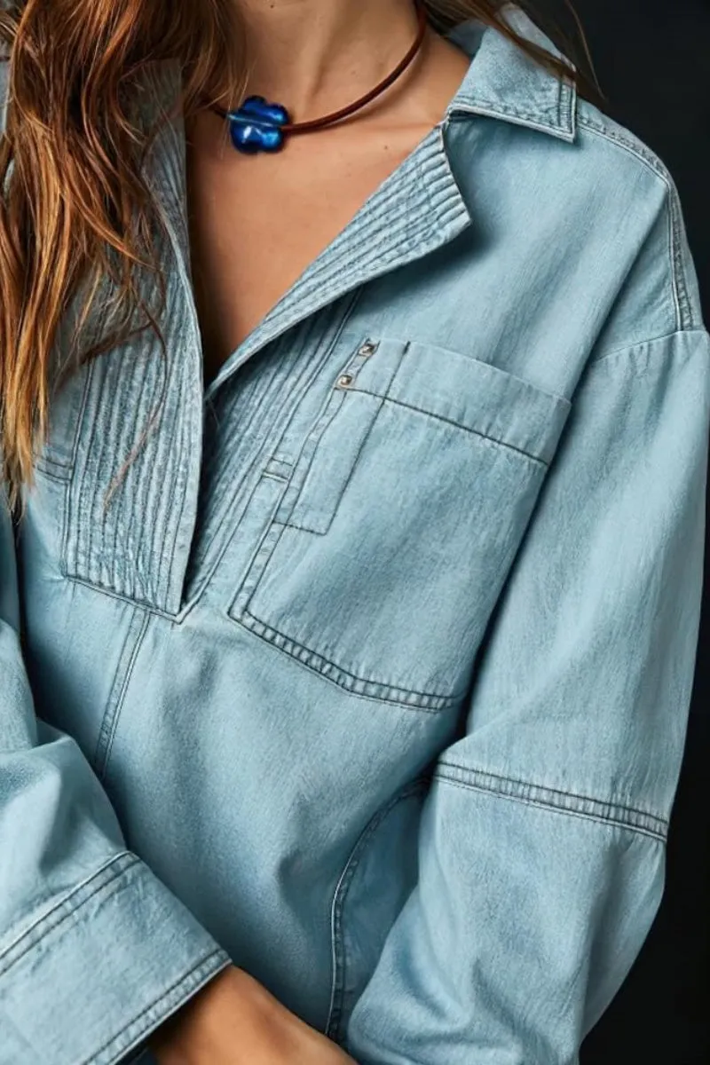 Chouyatou Women's Distressed V Neck Denim Jackets Boyfriend Loose Fit Bussiness Casual Jean Pullover Tops