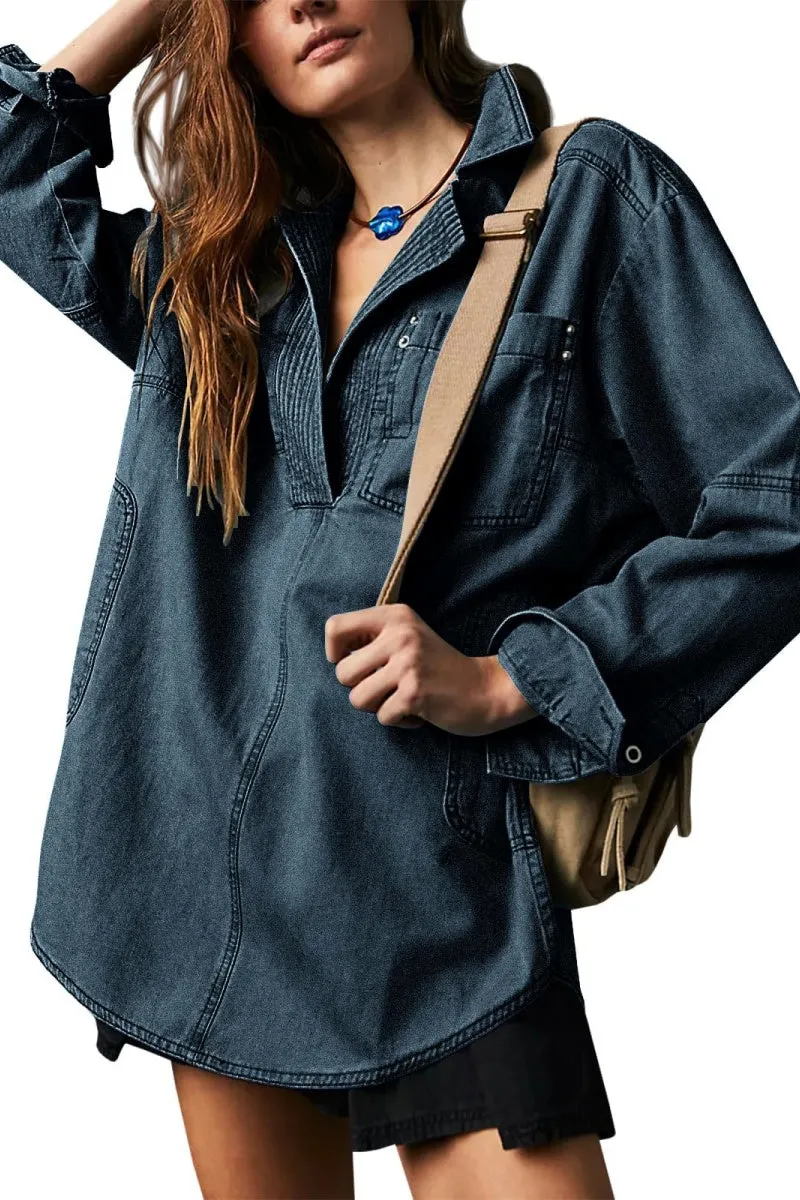 Chouyatou Women's Distressed V Neck Denim Jackets Boyfriend Loose Fit Bussiness Casual Jean Pullover Tops
