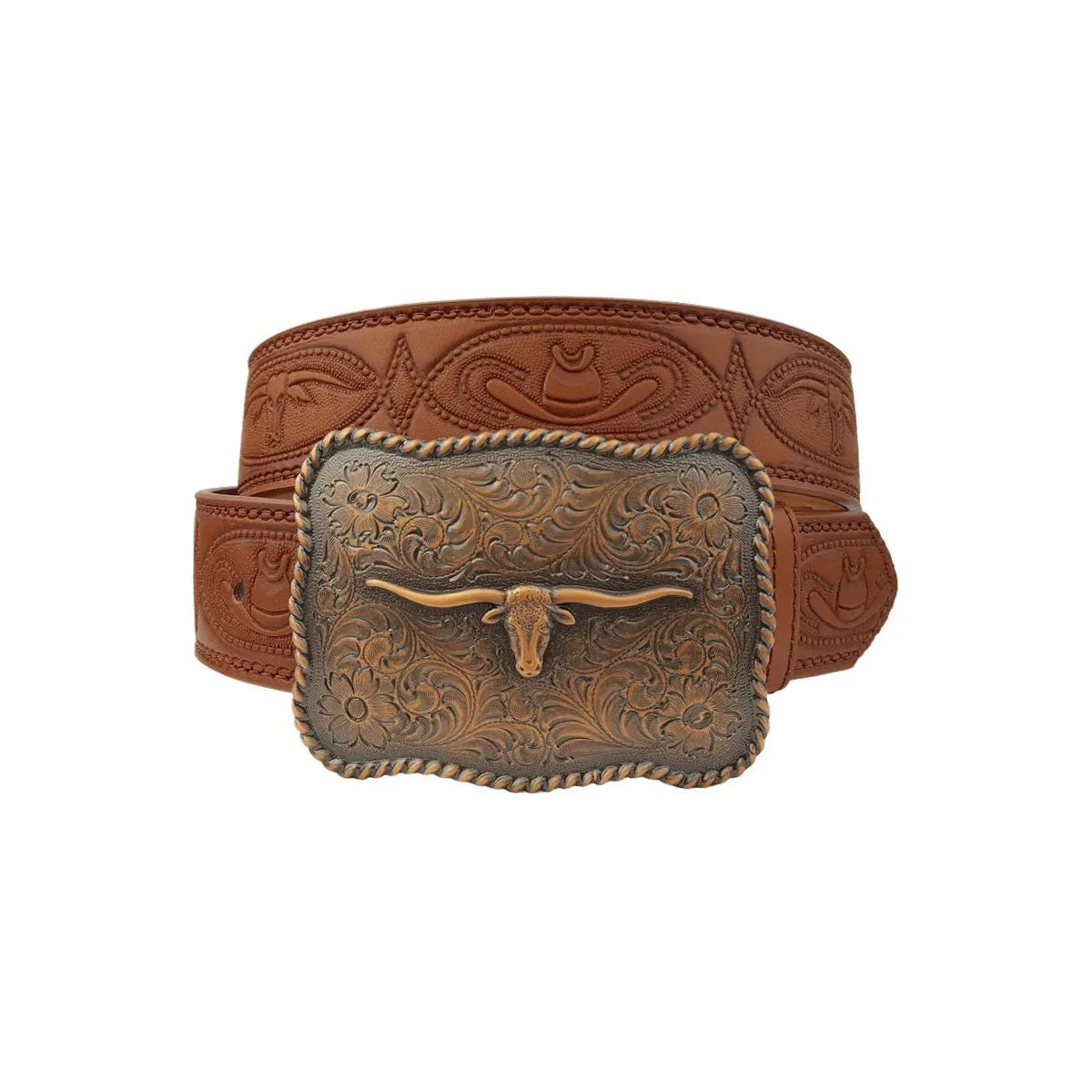 Copper Long Horn Buckle with matching Tooled belt