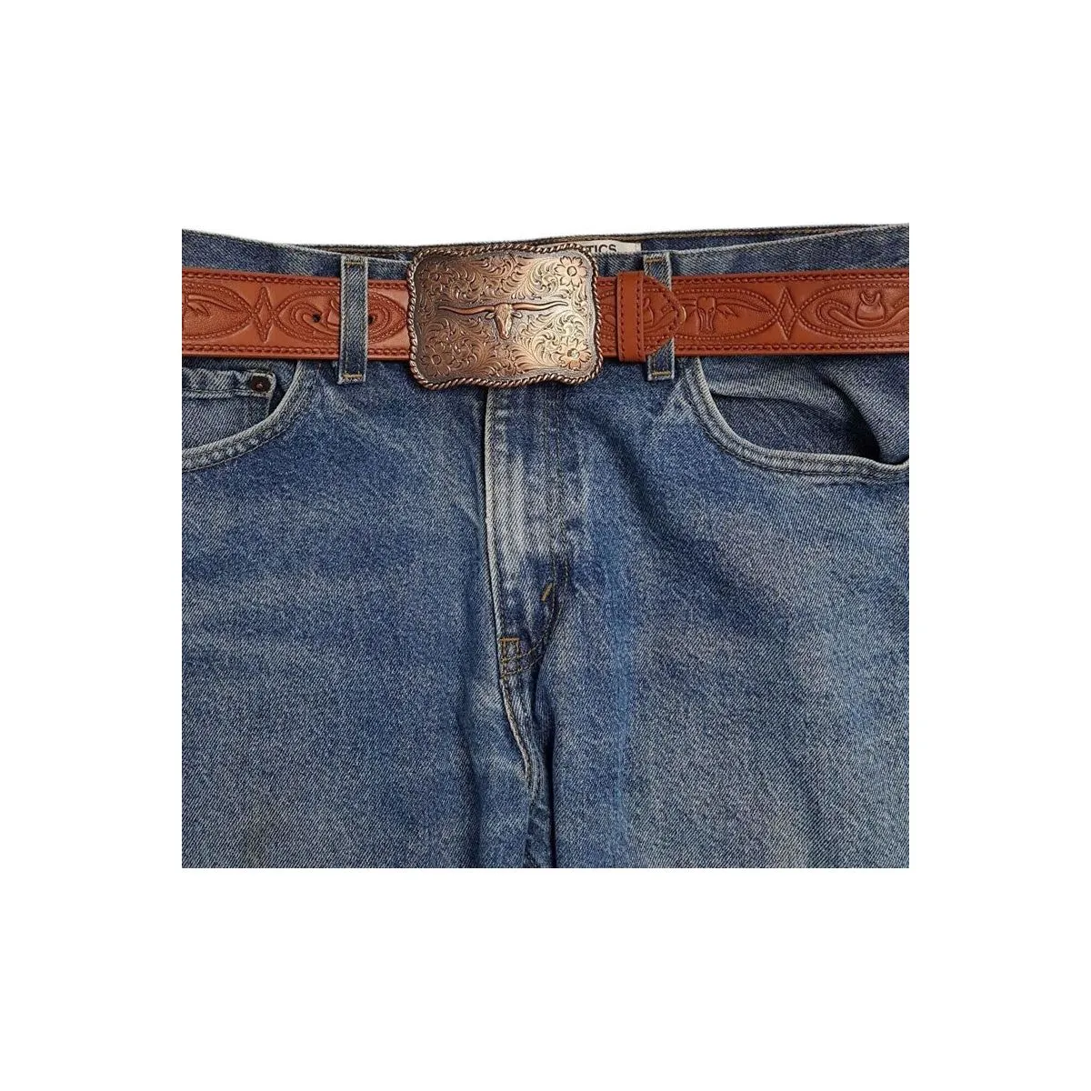 Copper Long Horn Buckle with matching Tooled belt