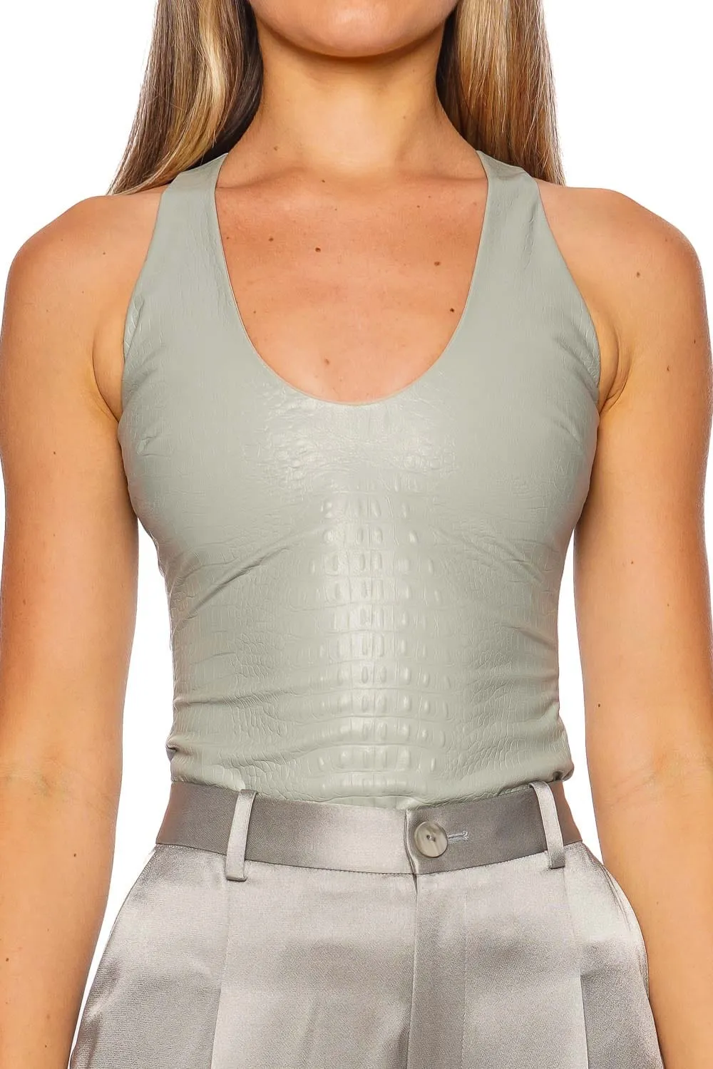 Croc Faux Leather Scoop Neck Bodysuit