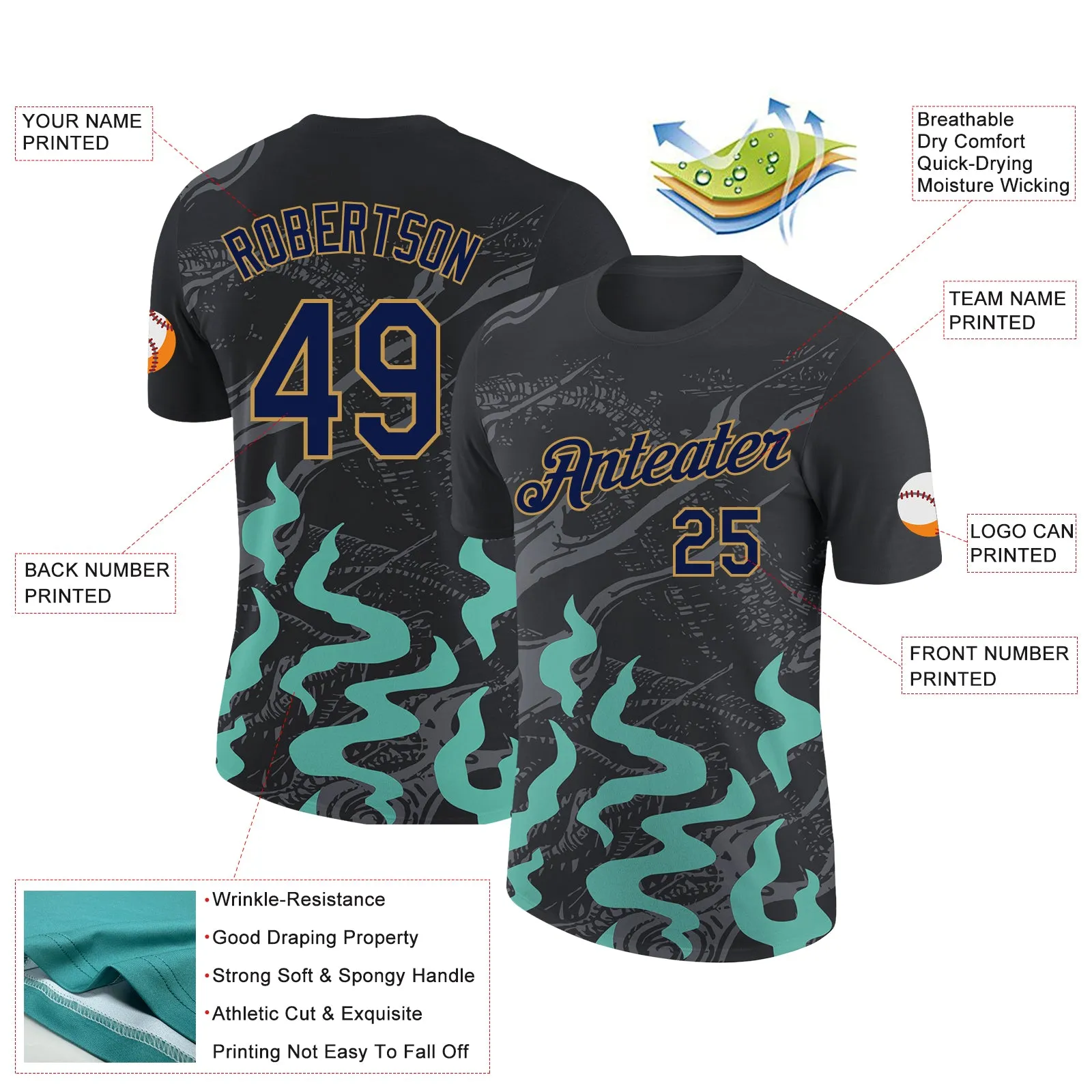 Custom Black Navy Aqua Gray-Old Gold 3D Esports Performance T-Shirt