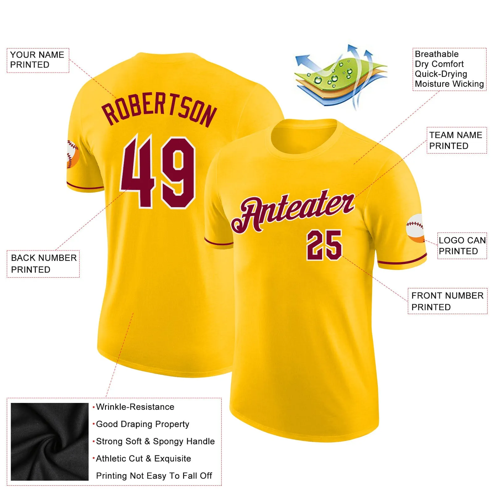 Custom Gold Maroon-White Performance T-Shirt