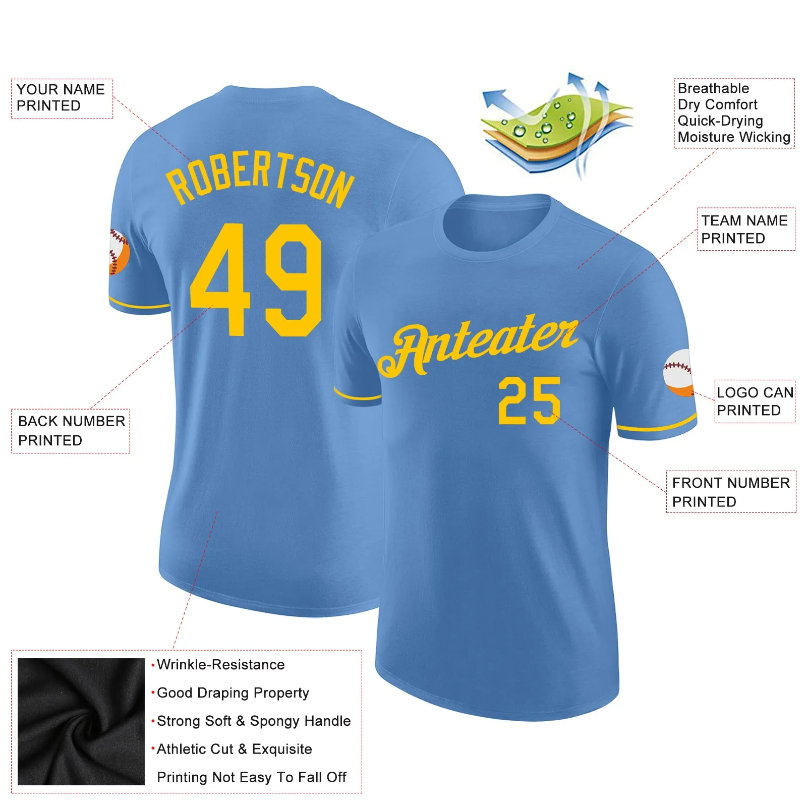 Custom Light Blue Gold Performance T-Shirt