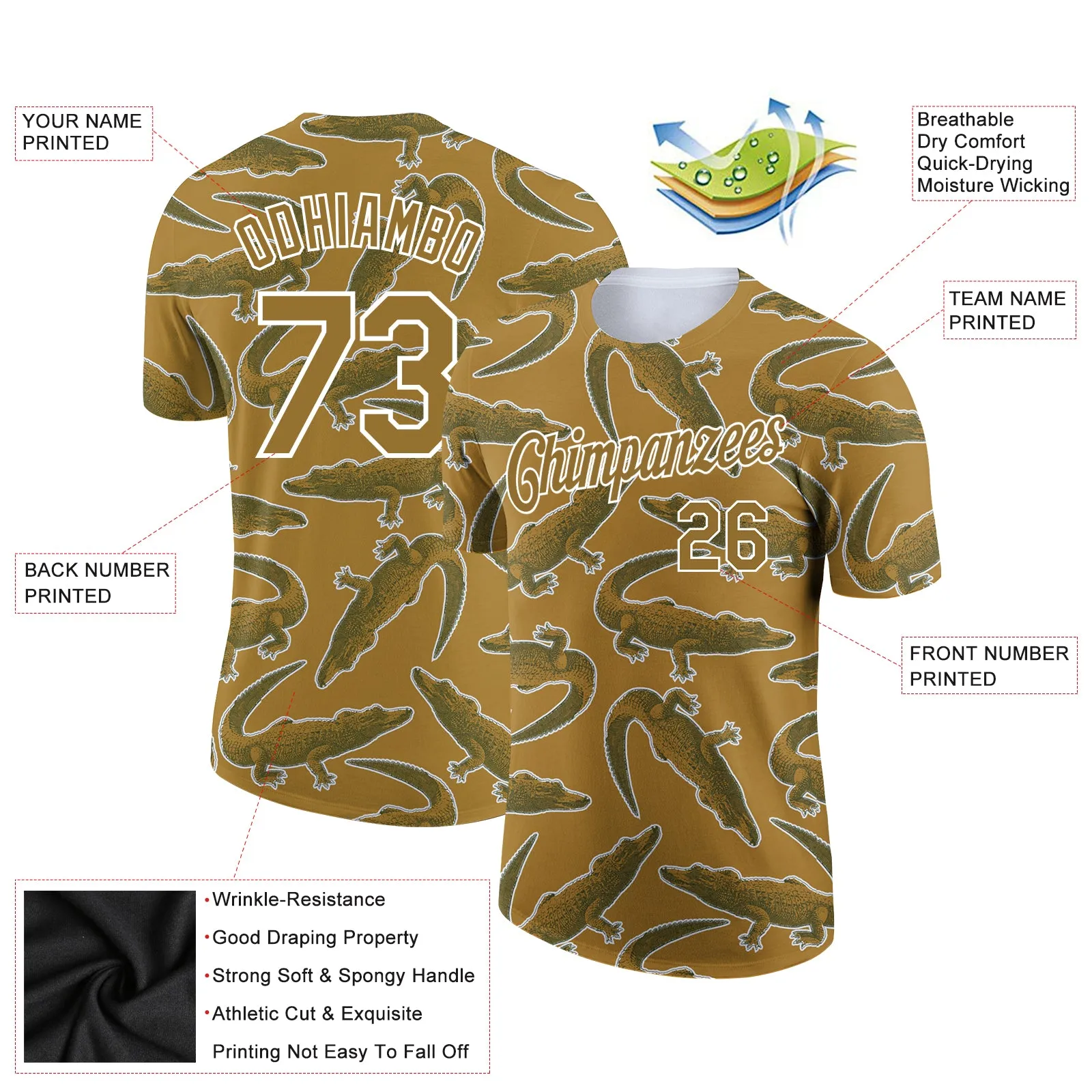 Custom Old Gold White 3D Pattern Design Crocodile Performance T-Shirt