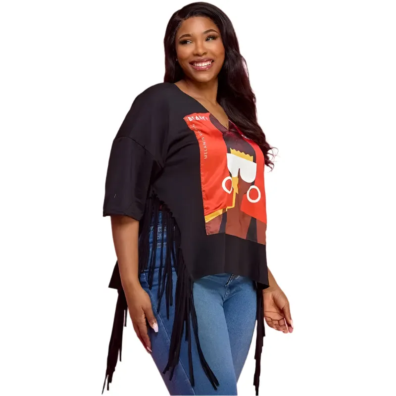 Deep V-Neck Top with Fringes