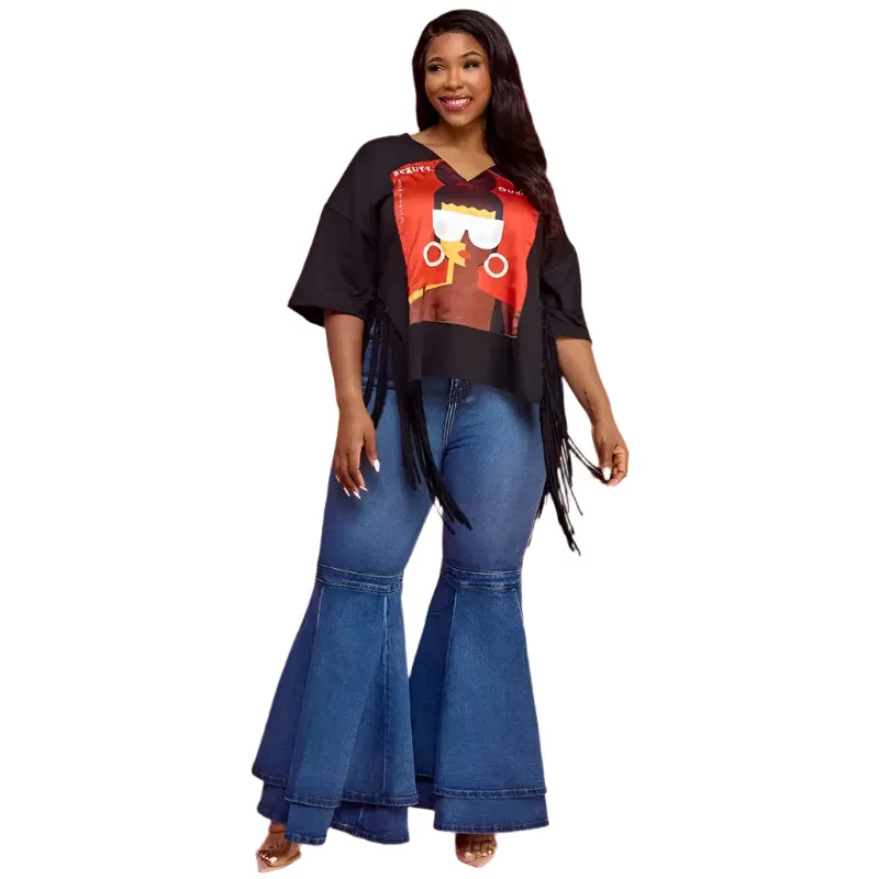 Deep V-Neck Top with Fringes