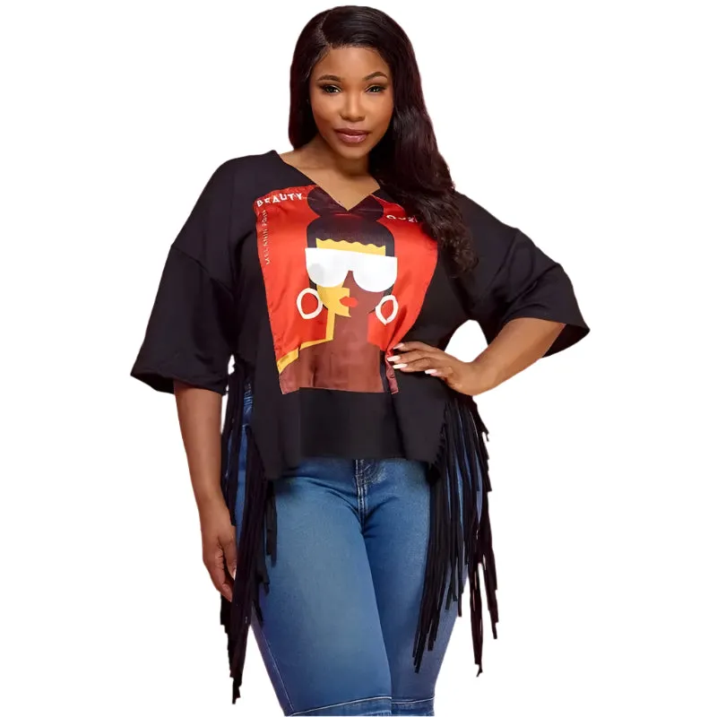 Deep V-Neck Top with Fringes