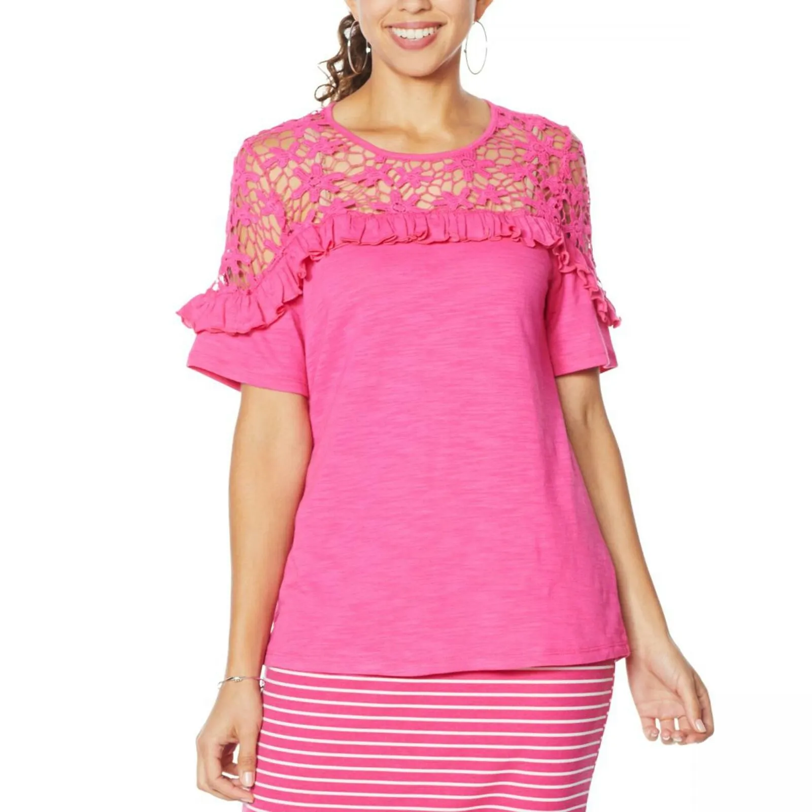 DG2 by Diane Gilman Women's Crochet and Ruffle Top