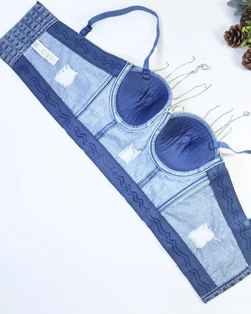Distressed Denim Embellished Diamond Beaded Fringed Back Bandeau