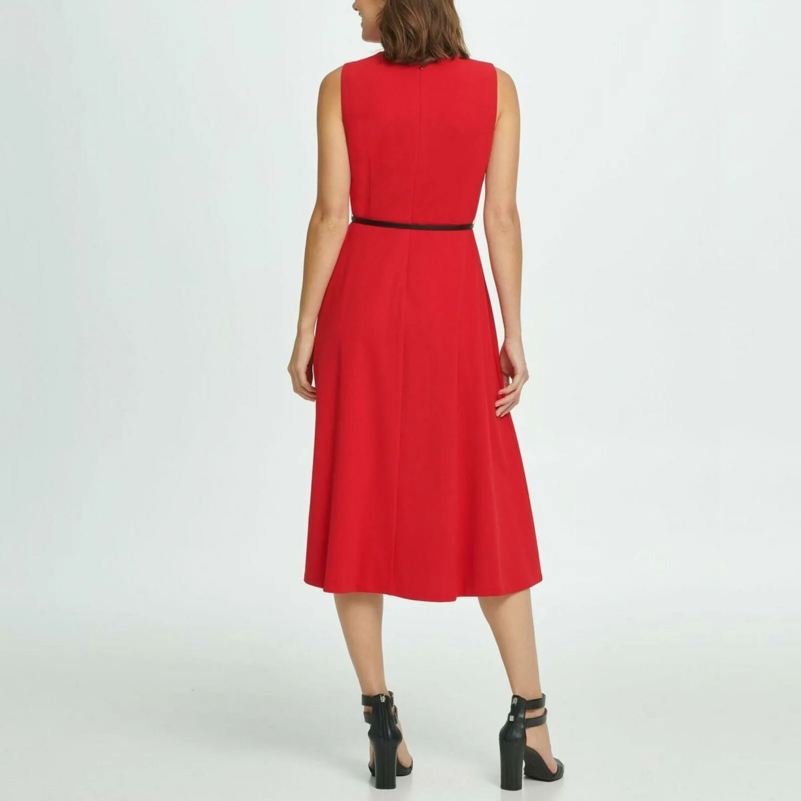 DKNY Women's Belted Seamed A-Line Midi Dress