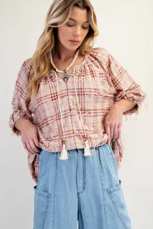 'Easel' Women's Plaid 3/4 Sleeve Blouse - Red