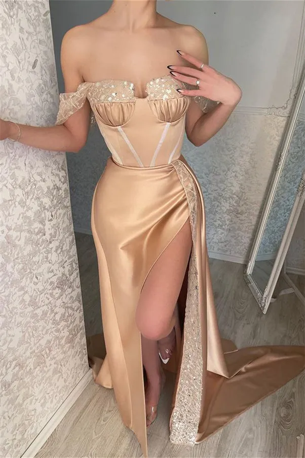 Elegant Off-the-shoulder Sequins Sleeveless Mermaid Evening Dresses With Split