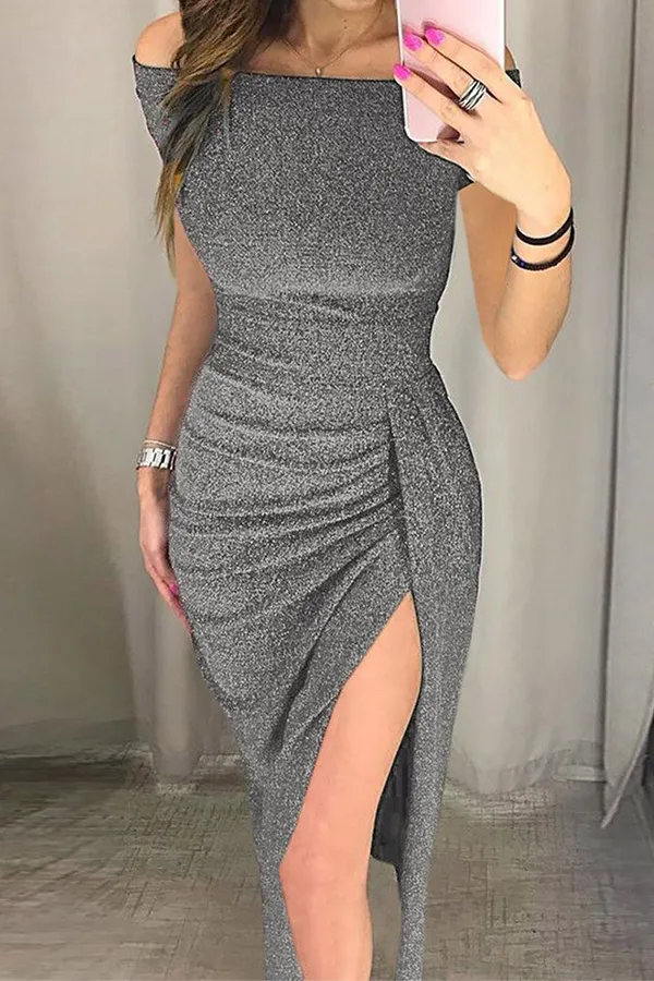Elegant Solid Slit Sequined Off the Shoulder Wrapped Skirt Dresses(3 Colors）