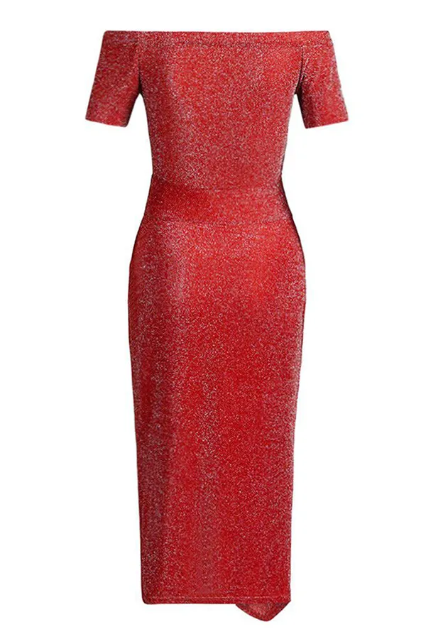 Elegant Solid Slit Sequined Off the Shoulder Wrapped Skirt Dresses(3 Colors）