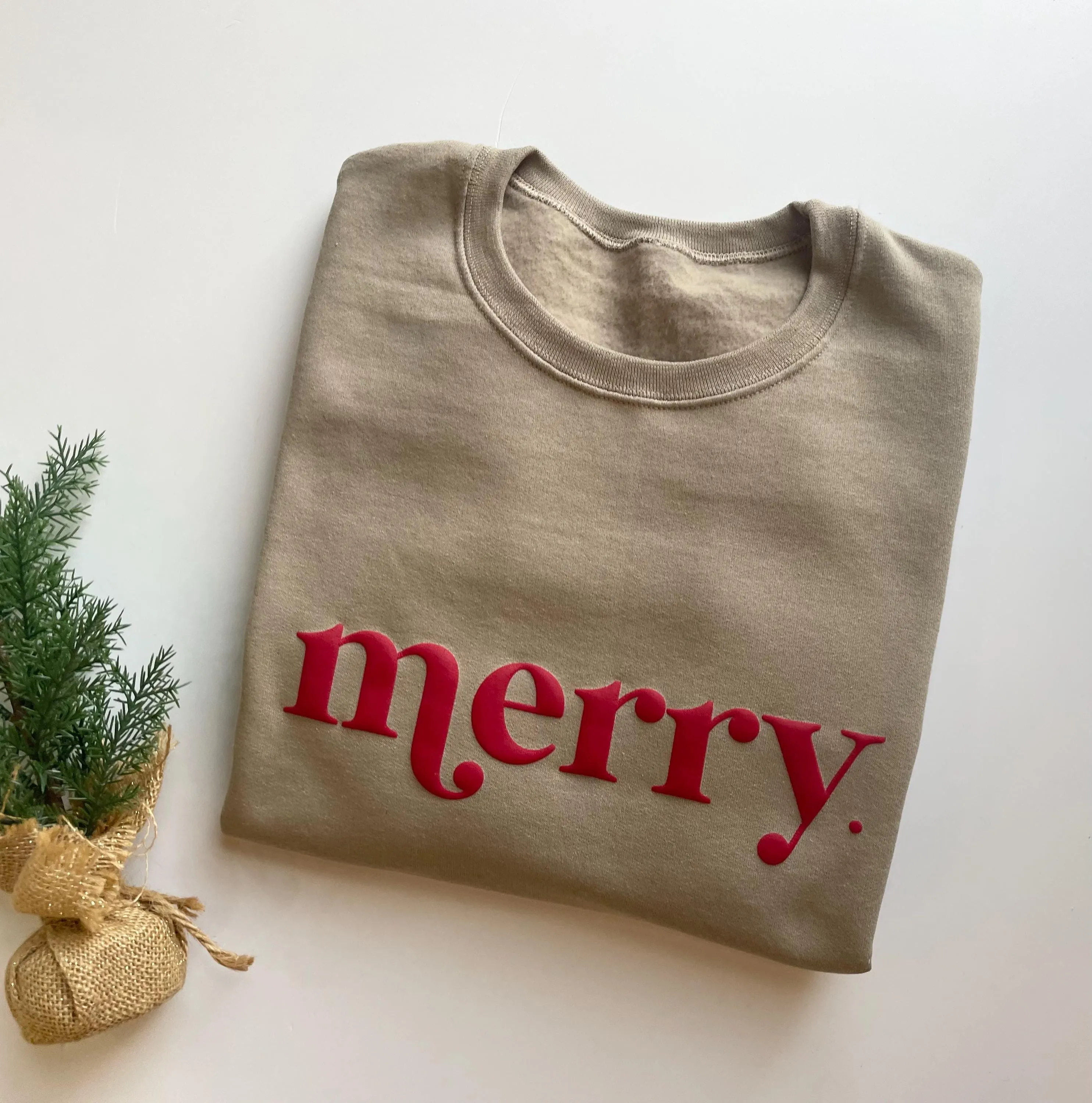 Embossed Christmas Merry Crewneck - Women's Holiday Sweatshirt - Christmas Morning T-Shirt