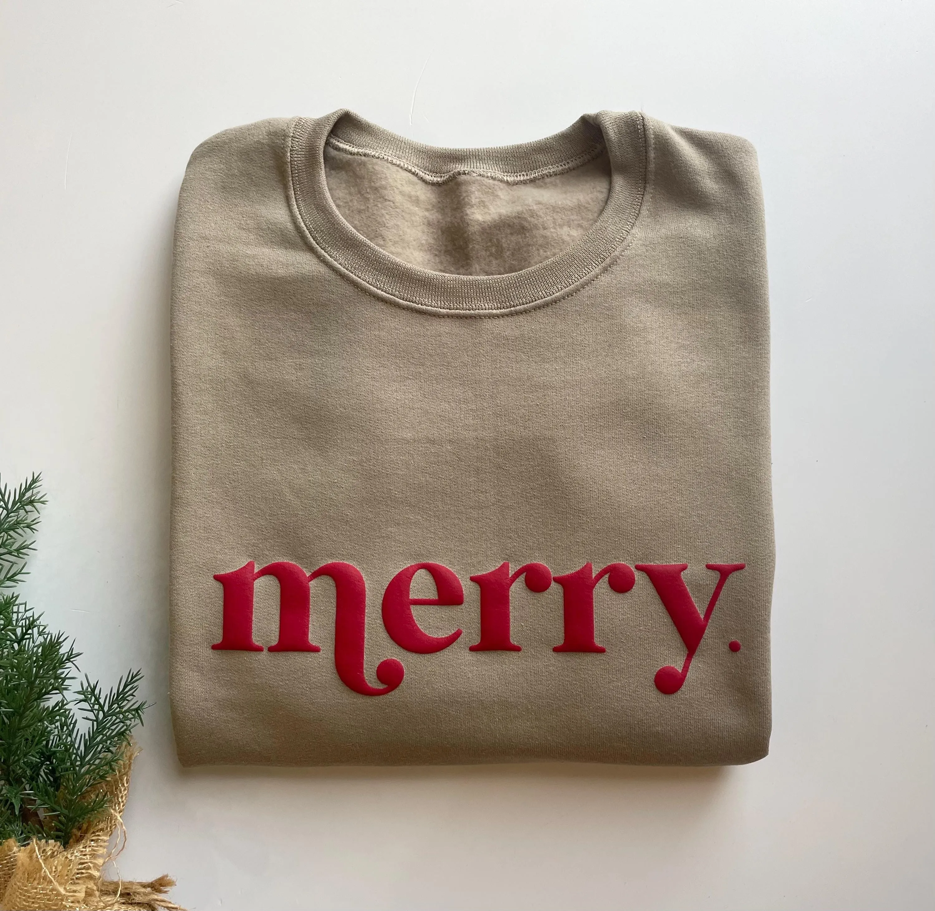 Embossed Christmas Merry Crewneck - Women's Holiday Sweatshirt - Christmas Morning T-Shirt