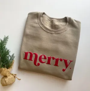 Embossed Christmas Merry Crewneck - Women's Holiday Sweatshirt - Christmas Morning T-Shirt