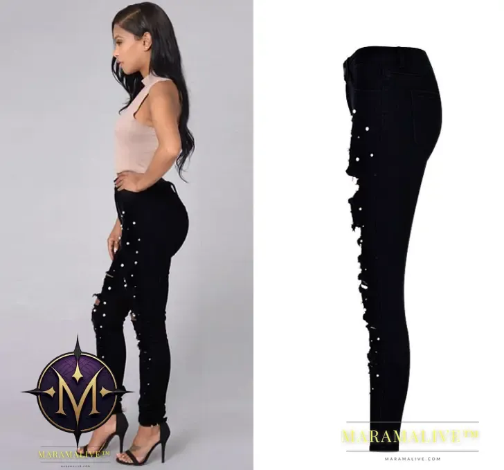 European and American women's high waist slim elastic irregular two-color studded pearl denim feet pants washed holes large size