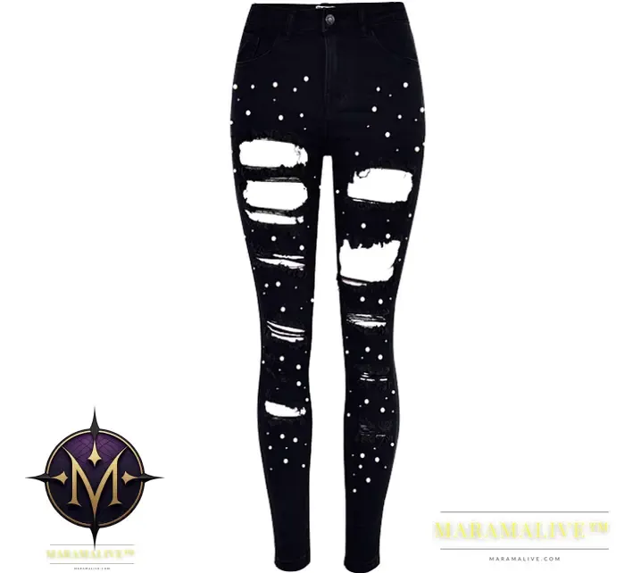 European and American women's high waist slim elastic irregular two-color studded pearl denim feet pants washed holes large size