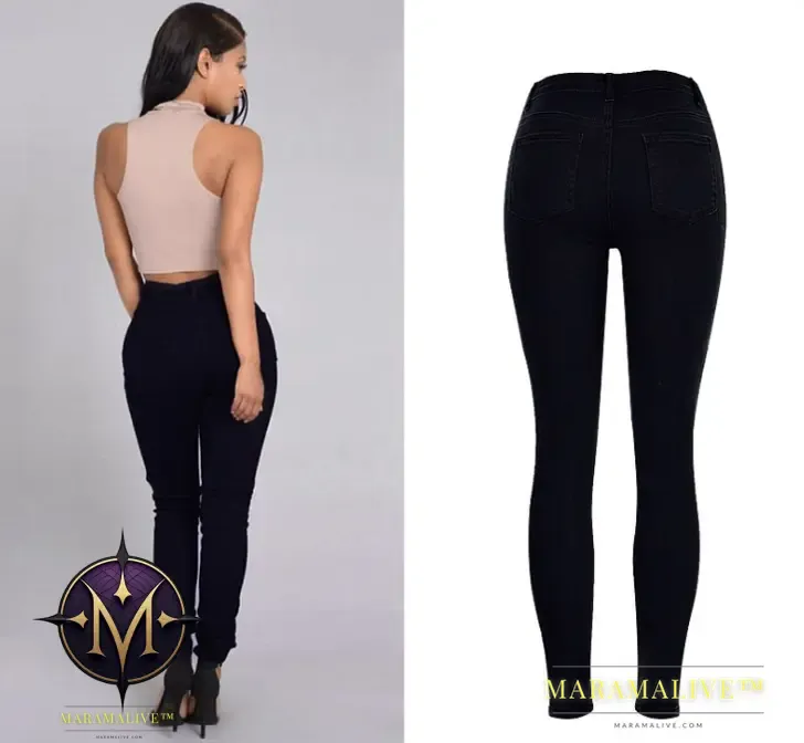 European and American women's high waist slim elastic irregular two-color studded pearl denim feet pants washed holes large size