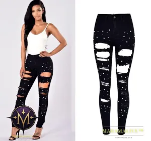 European and American women's high waist slim elastic irregular two-color studded pearl denim feet pants washed holes large size