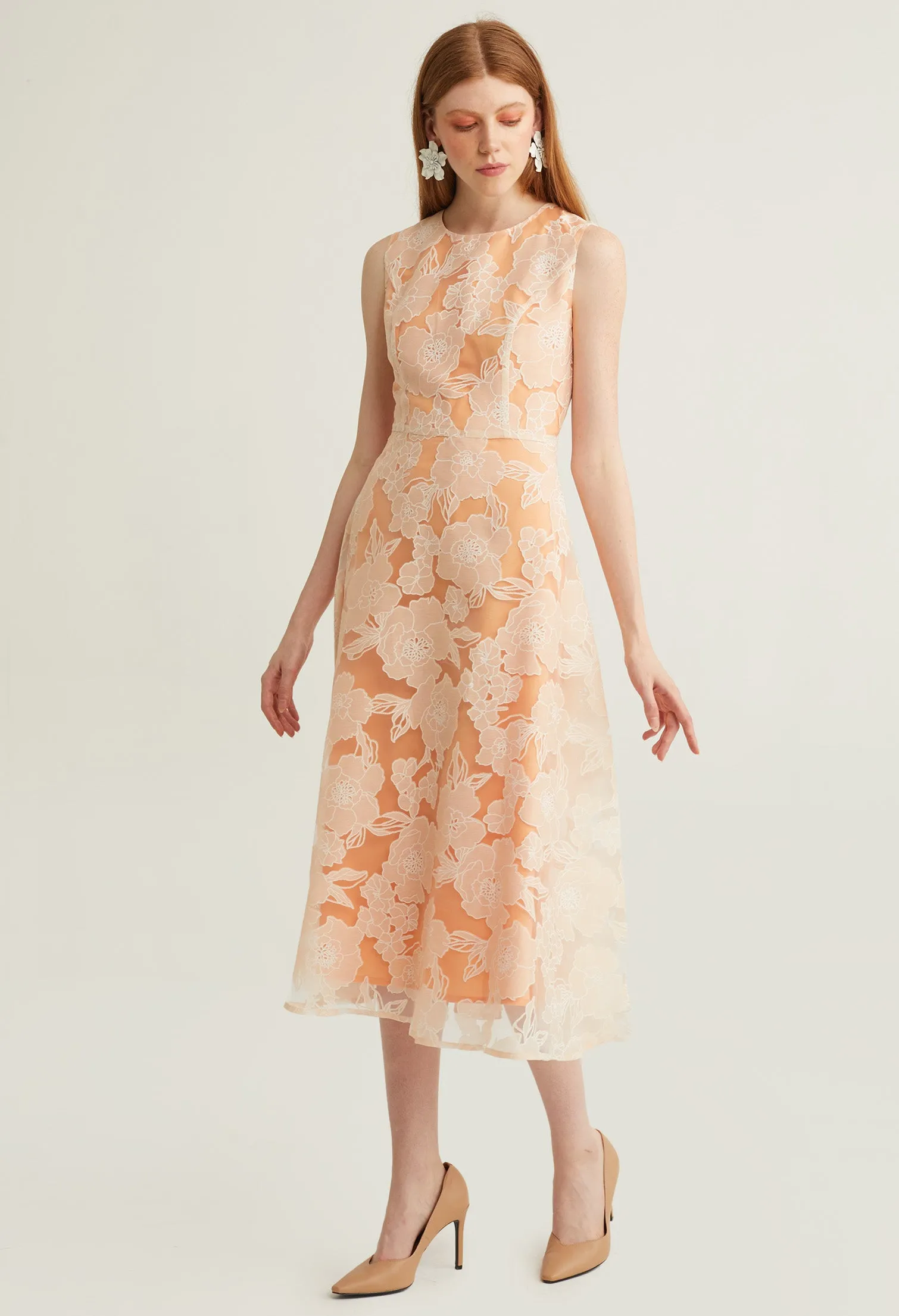 Floral Contrast Embossed Layered Midi Dress