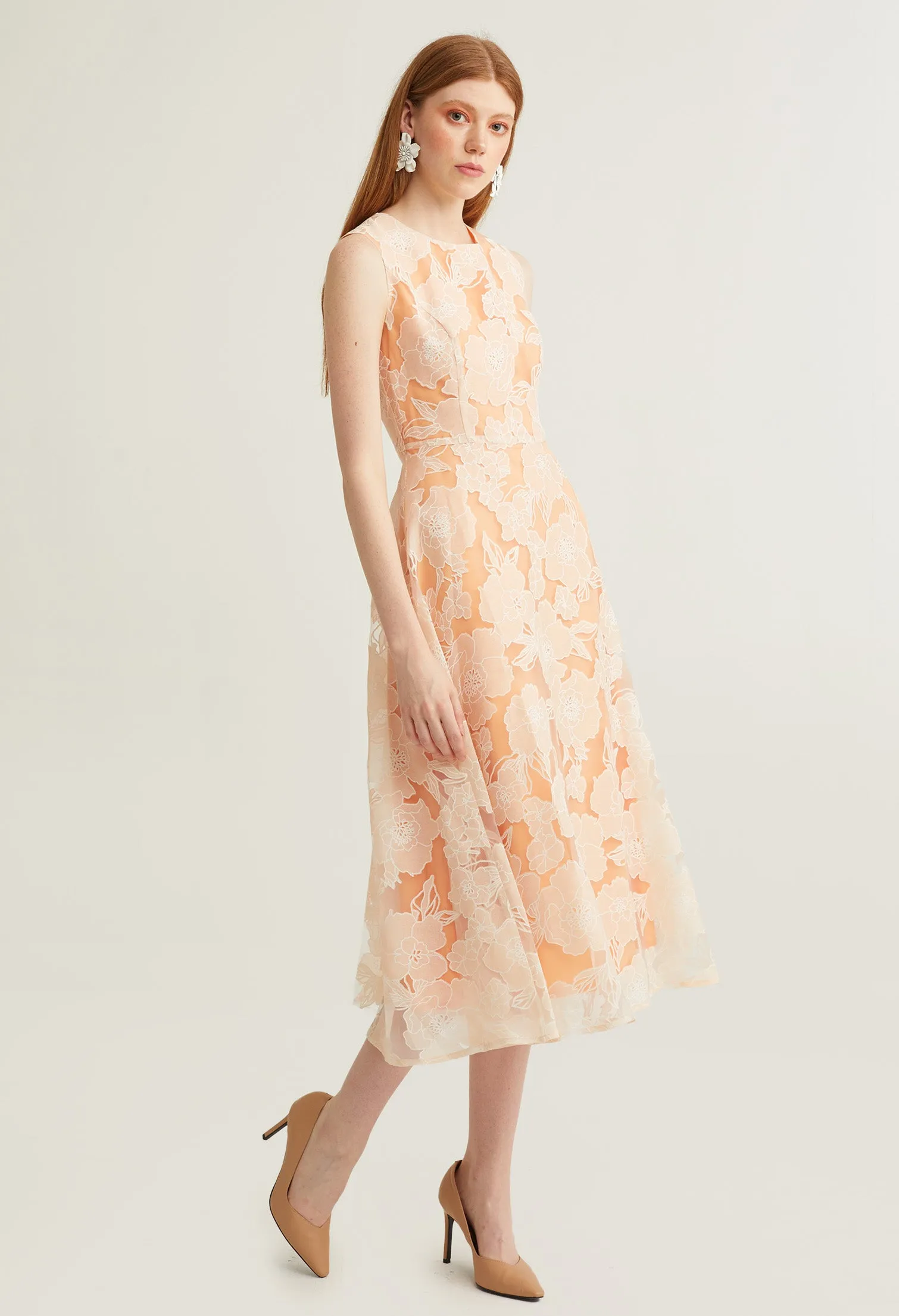 Floral Contrast Embossed Layered Midi Dress
