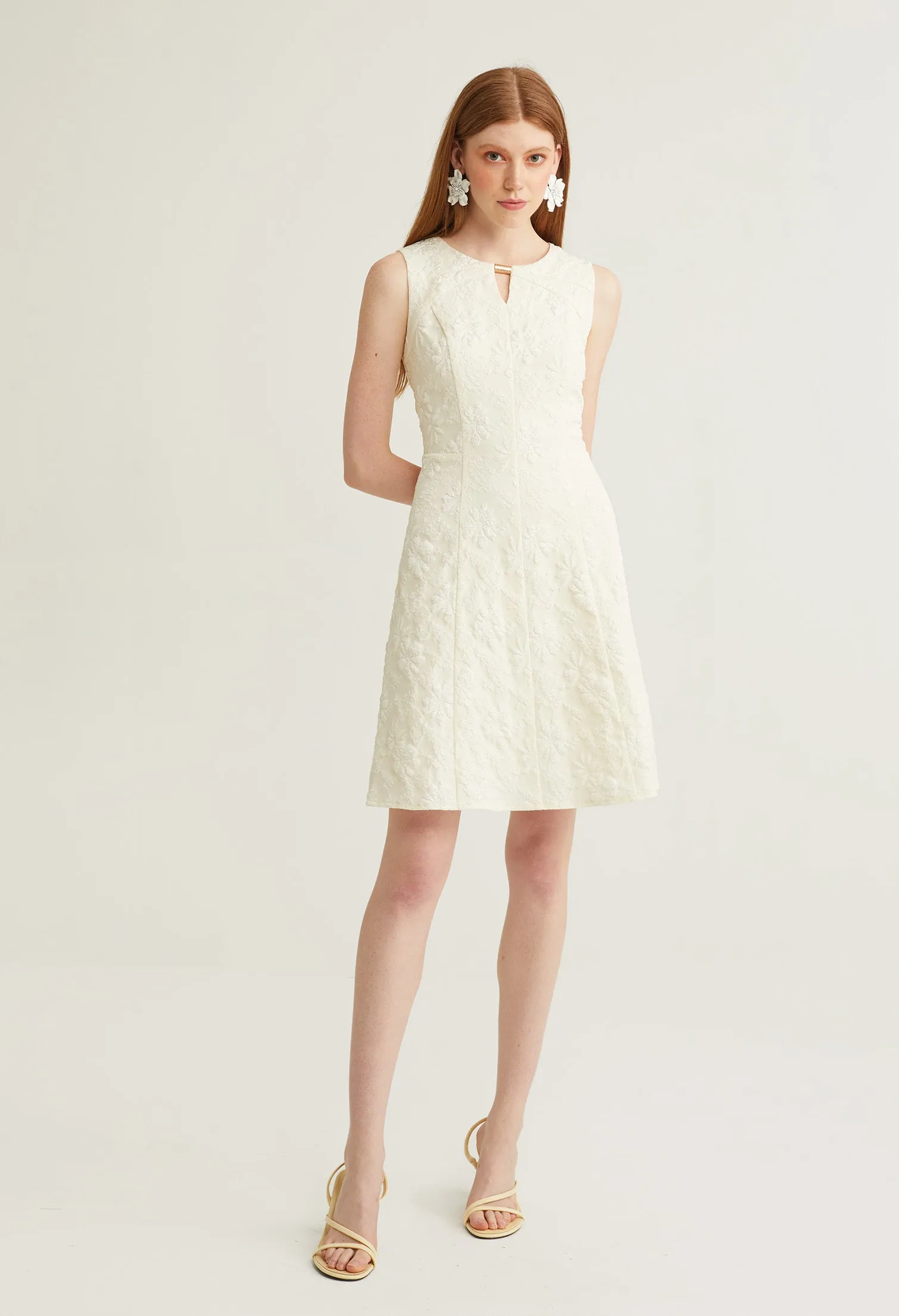Floral Embossed V-Neck Sleeveless Dress