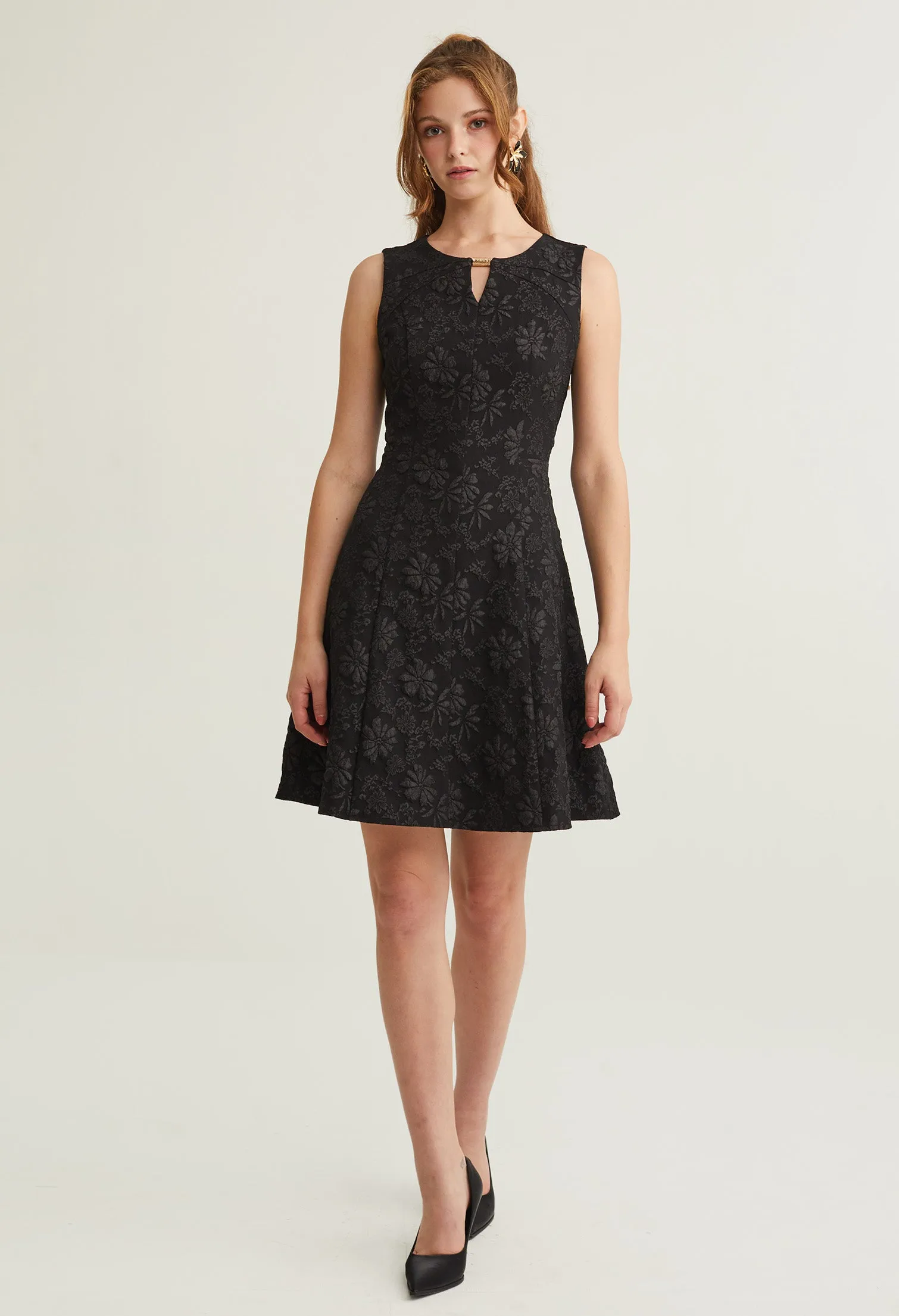 Floral Embossed V-Neck Sleeveless Dress