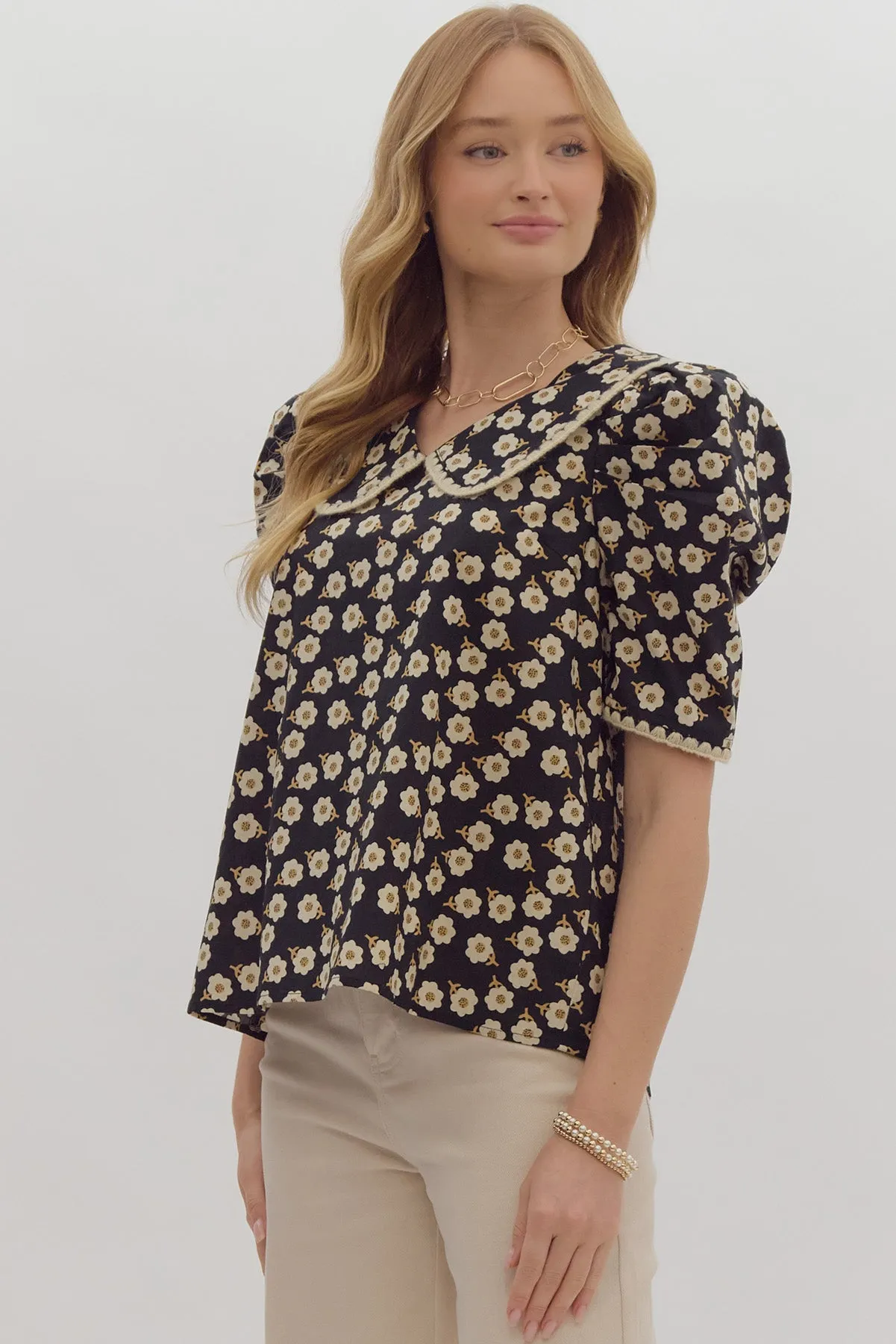Floral Puff Sleeve Top {Black}