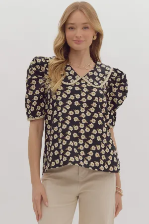 Floral Puff Sleeve Top {Black}