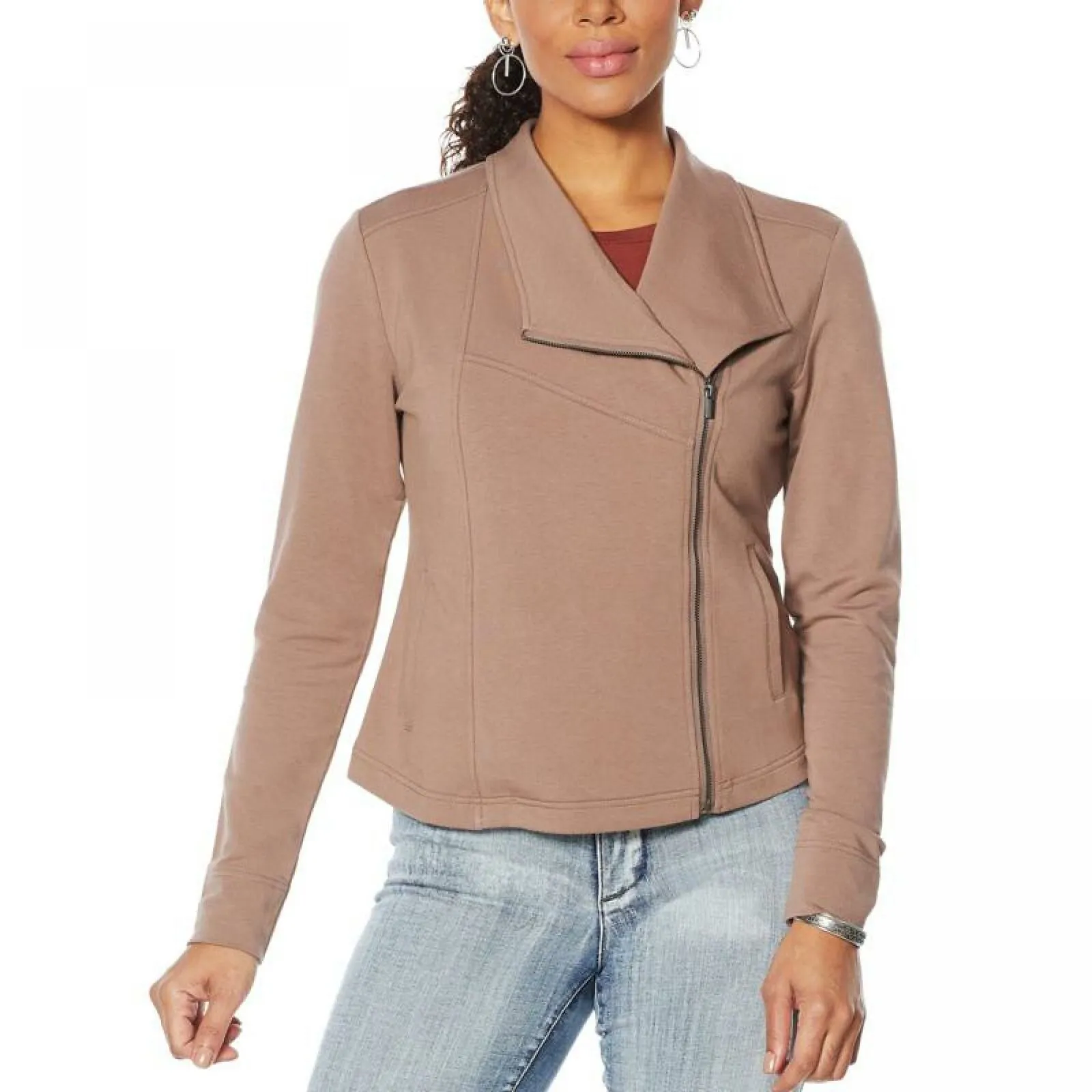G by Giuliana By iuliana Women's Jet Set French Terry Moto Jacket Mocha Medium