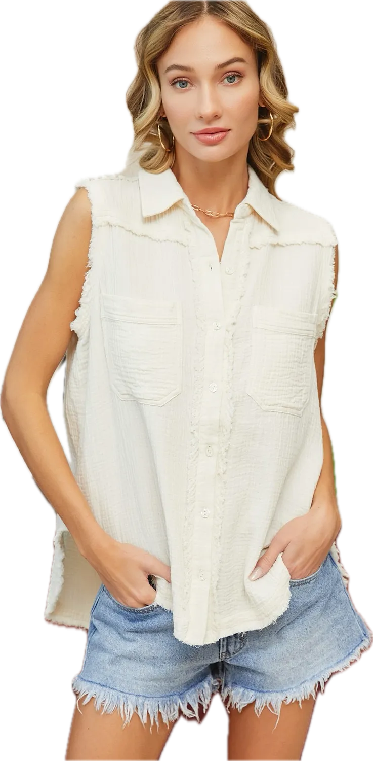 Gauze Frayed Sleeveless Top
