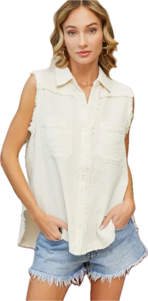 Gauze Frayed Sleeveless Top