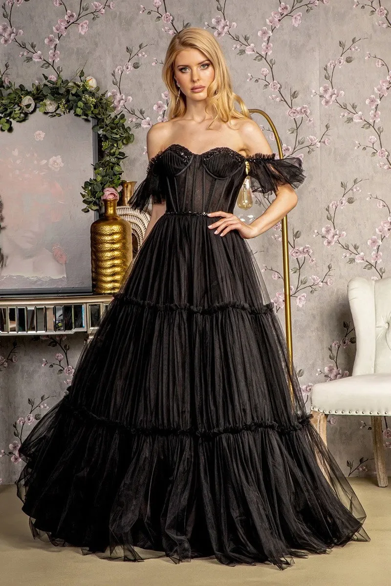 GL 3453 - Sequin Beaded Off the Shoulders A-Line Prom Gown with Sheer Boned Sweetheart Corset Bodice Lace Up Corset Back & Layered Ruffle Skirt