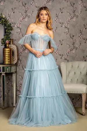 GL 3453 - Sequin Beaded Off the Shoulders A-Line Prom Gown with Sheer Boned Sweetheart Corset Bodice Lace Up Corset Back & Layered Ruffle Skirt