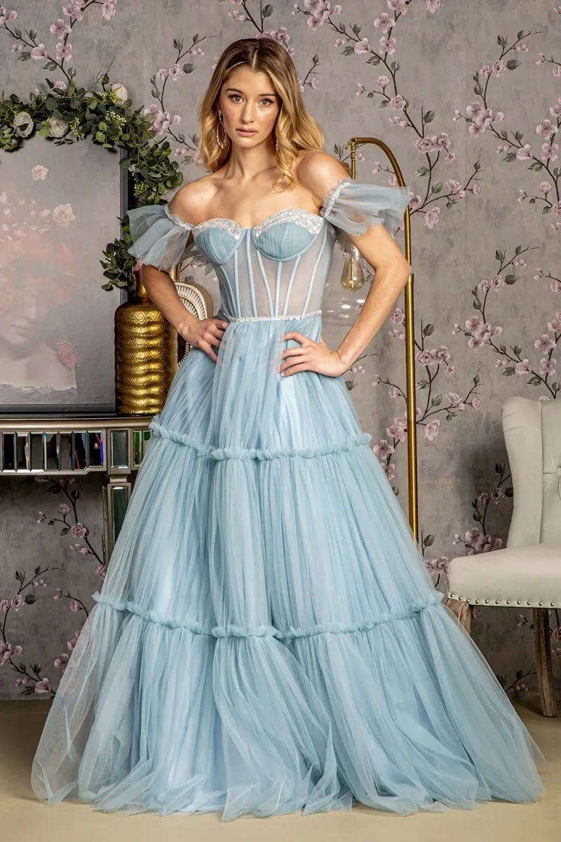 GL 3453 - Sequin Beaded Off the Shoulders A-Line Prom Gown with Sheer Boned Sweetheart Corset Bodice Lace Up Corset Back & Layered Ruffle Skirt