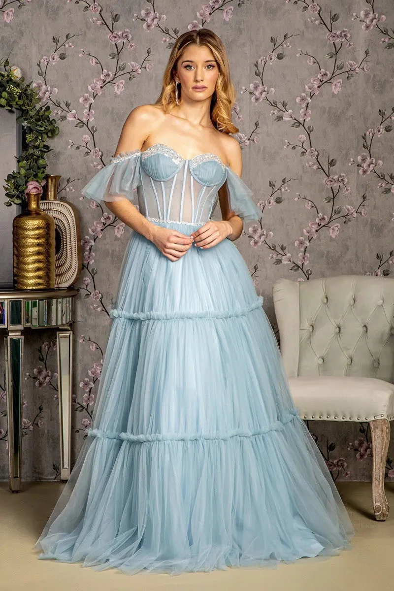 GL 3453 - Sequin Beaded Off the Shoulders A-Line Prom Gown with Sheer Boned Sweetheart Corset Bodice Lace Up Corset Back & Layered Ruffle Skirt