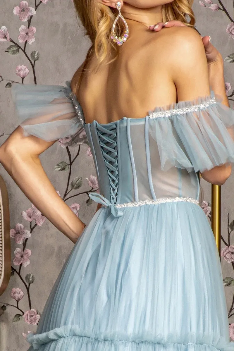 GL 3453 - Sequin Beaded Off the Shoulders A-Line Prom Gown with Sheer Boned Sweetheart Corset Bodice Lace Up Corset Back & Layered Ruffle Skirt