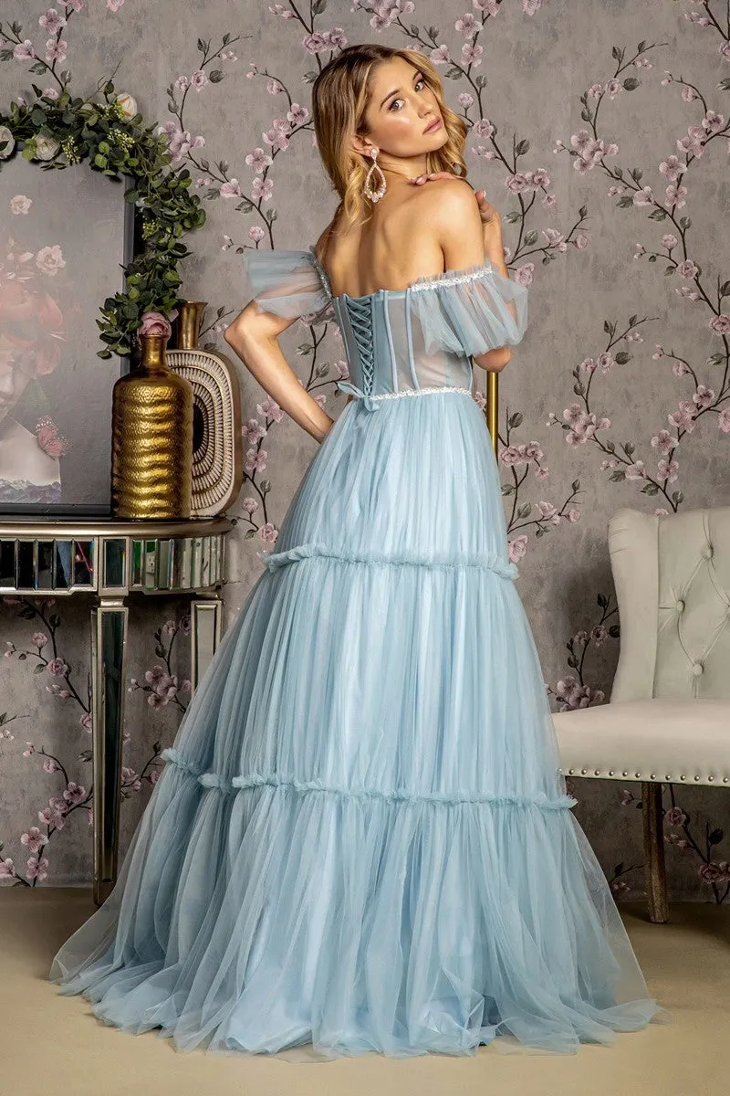 GL 3453 - Sequin Beaded Off the Shoulders A-Line Prom Gown with Sheer Boned Sweetheart Corset Bodice Lace Up Corset Back & Layered Ruffle Skirt