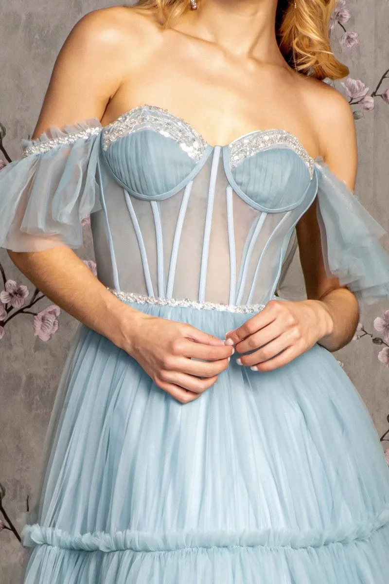 GL 3453 - Sequin Beaded Off the Shoulders A-Line Prom Gown with Sheer Boned Sweetheart Corset Bodice Lace Up Corset Back & Layered Ruffle Skirt