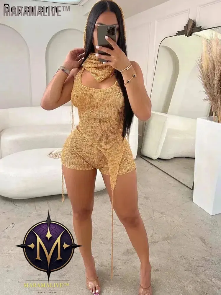 Glitter Sequins Crochet Hoodie Crop Top And Matching Shorts Set Co Ord Sets For Women Knit Trakcksuits Rave Outfits