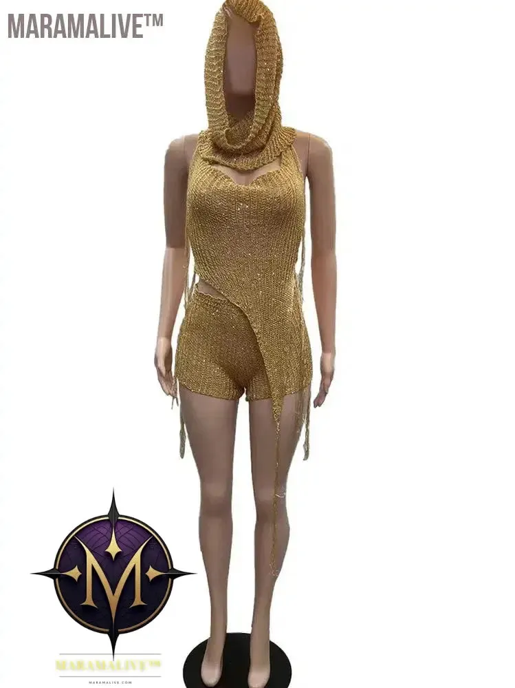 Glitter Sequins Crochet Hoodie Crop Top And Matching Shorts Set Co Ord Sets For Women Knit Trakcksuits Rave Outfits