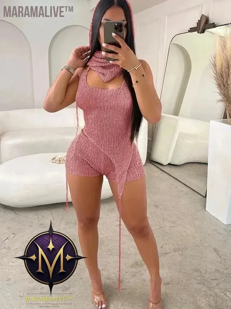 Glitter Sequins Crochet Hoodie Crop Top And Matching Shorts Set Co Ord Sets For Women Knit Trakcksuits Rave Outfits
