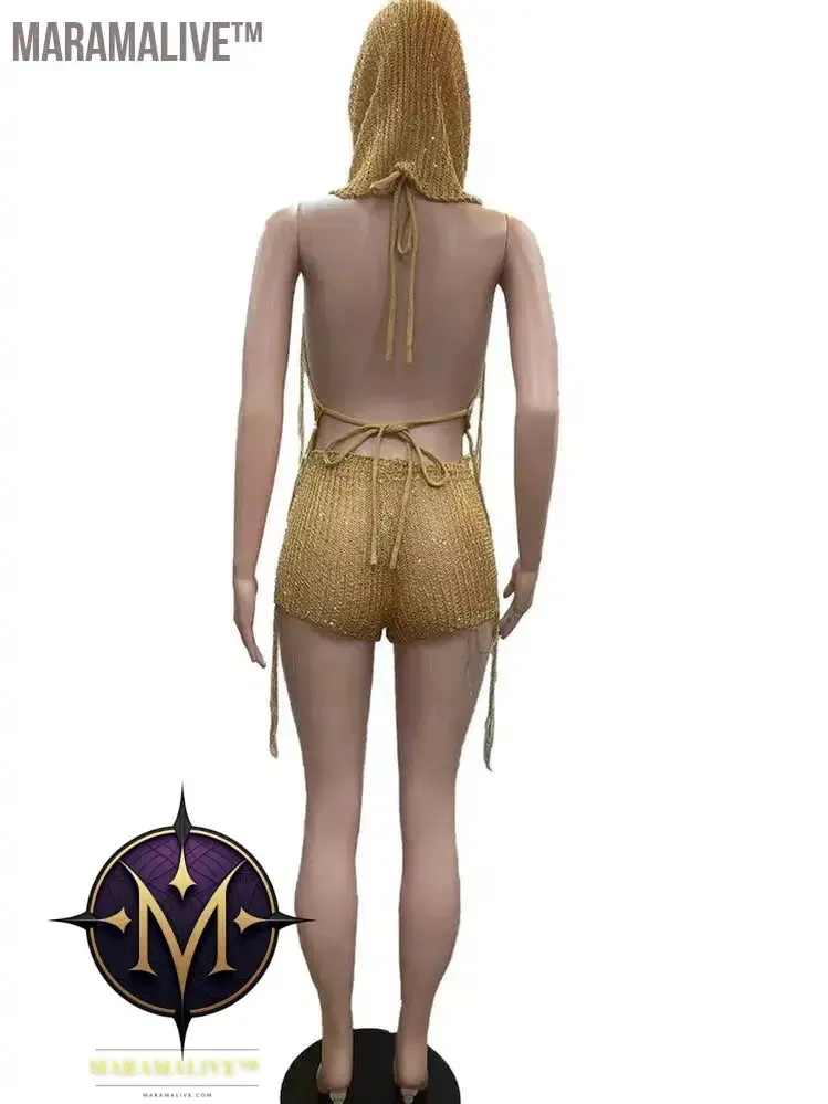 Glitter Sequins Crochet Hoodie Crop Top And Matching Shorts Set Co Ord Sets For Women Knit Trakcksuits Rave Outfits